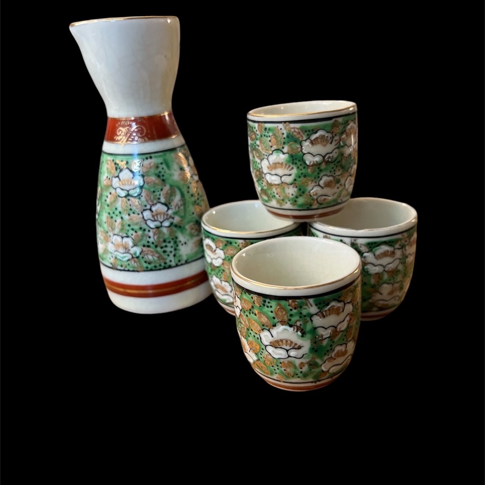 Floral Green and White Ceramic Sake Set